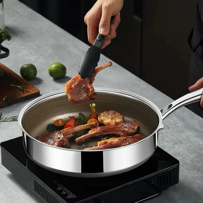 Sartén alemana de acero inoxidable 316, plancha dorada de titanio, freidora antiadherente, sartén para freír para uso en llamas abiertas con tapa