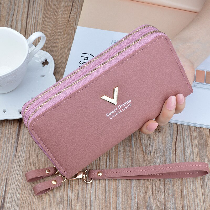 Women&#39;s wallet V Ladies mobile phone bag long ladies clutch bag star Double zipper hand strap bag Multiple color 697: 697pink