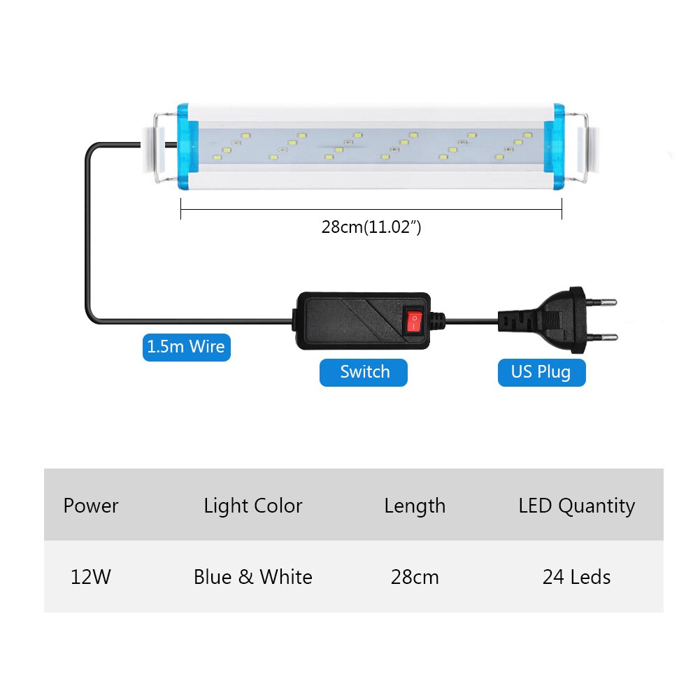 Waterdichte Vis Armatuur Verstelbare Aquarium Licht Plant Lamp Ac 90-260V Decor Wit Blauw Verlichting Super Slanke Leds us/Eu Plug: EU plug-28cm