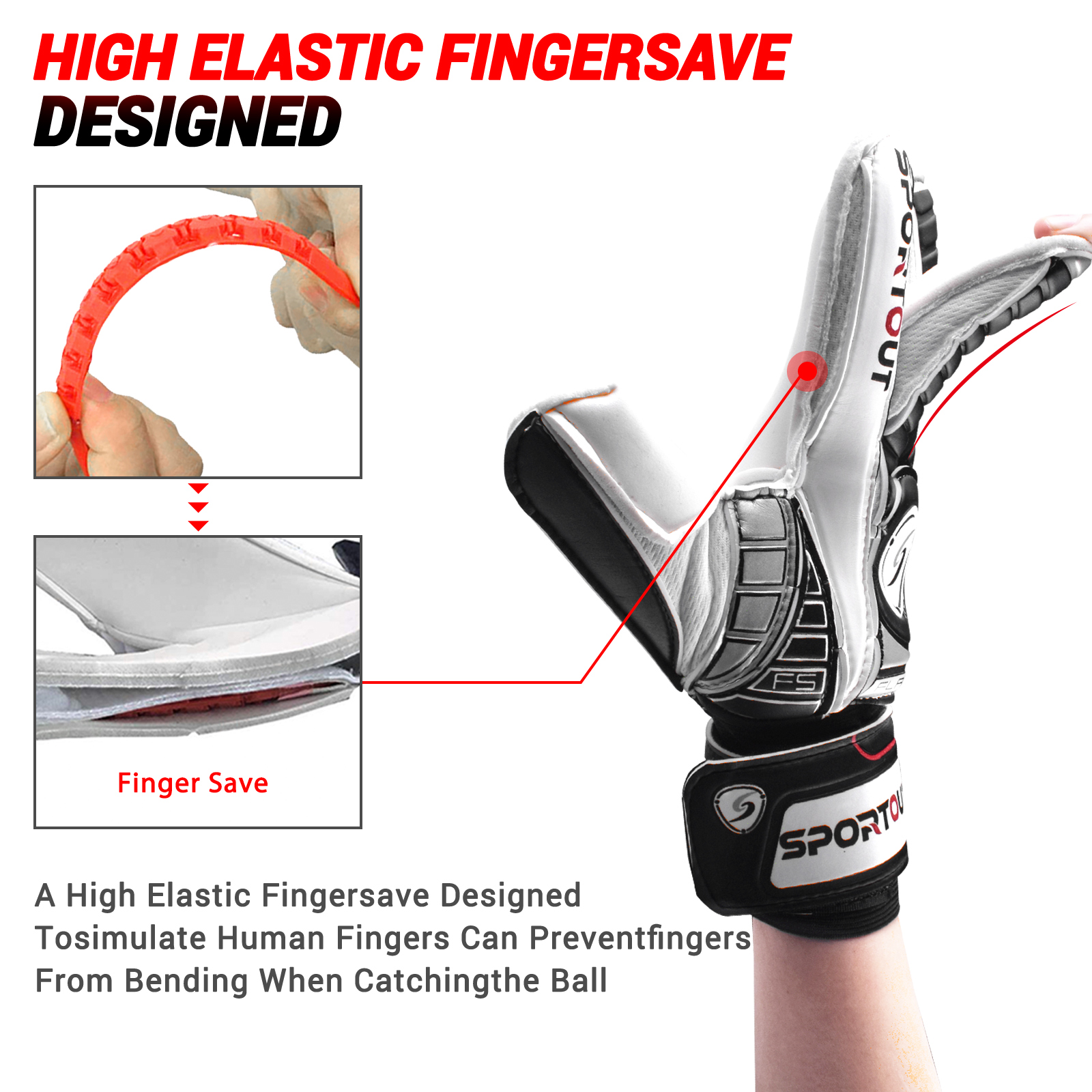 Sportout Torwarthandschuhe, Torwarthandschuhe mit Fingersave, Fußballhandschuhe, atmungsaktive Fußball-Torwarthandschuhe, 4 mm Latex
