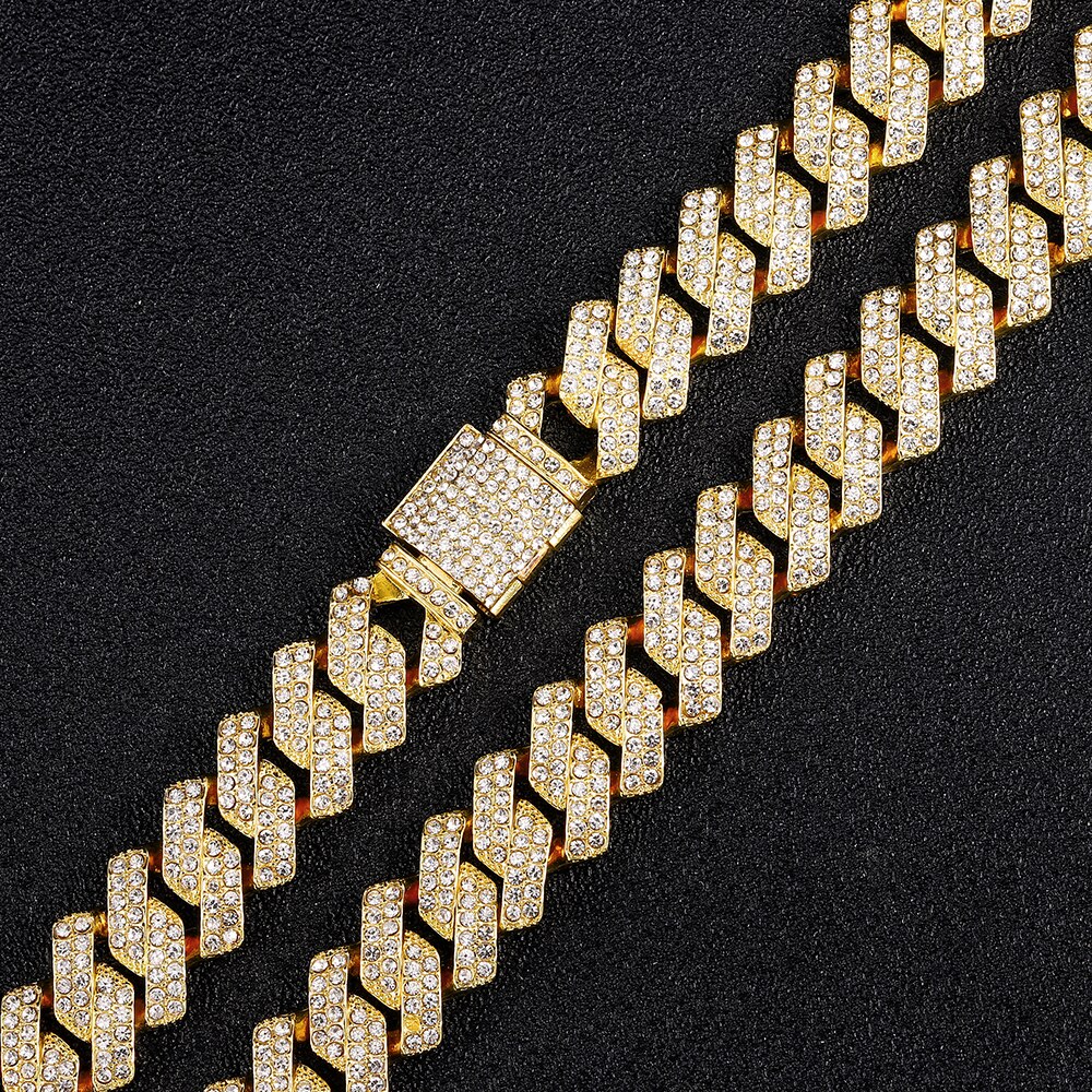 15Mm Miami Prong Cubaanse Chain Link Zilver Kleur Mannen Kettingen 2 Rij Iced Out Strass Armband Set Voor heren Hip Hop Kettingen