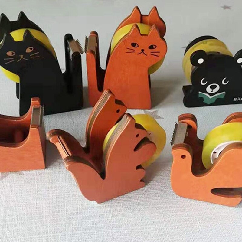 Lovely Office Tape Dispenser Vintage Wooden Cartoon Animal Shape Desktop Tape Cutter, 4 Shapes Cat/Pigeon/Squirrel/Whale HCCY