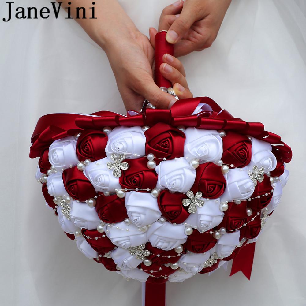 JaneVini-Ramos de boda grandes de 30CM, flores rojas oscuras, nupciales, lujosos, perlas de cristal, cuentas de diamantes de imitación, rosa de novia
