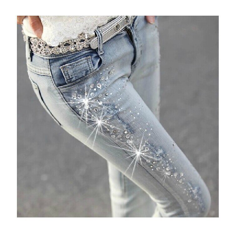 Kvinner diamantboret hull jeans kvinne blyantbukser kvinner jeans revet denim bukse med strass denim bukse kvinne: 26