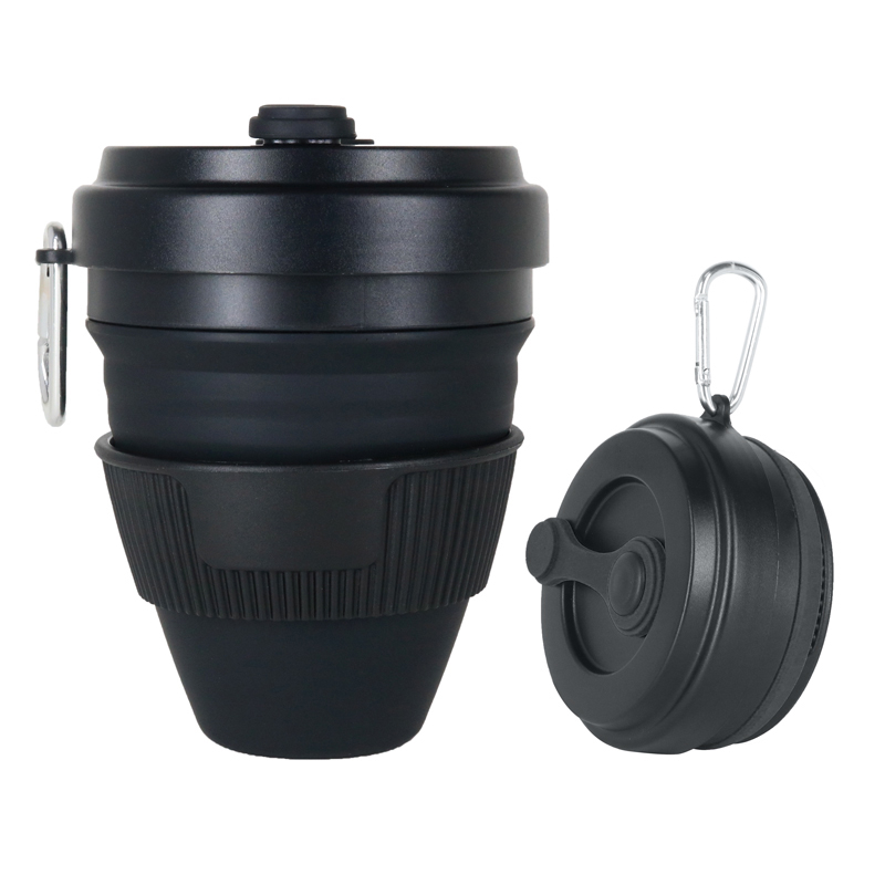 Tasses pliantes en Silicone | Tasses pliantes de 450ml, tasse à café en silice télescopique Portable avec couvercles voyage tout noir: Style 1