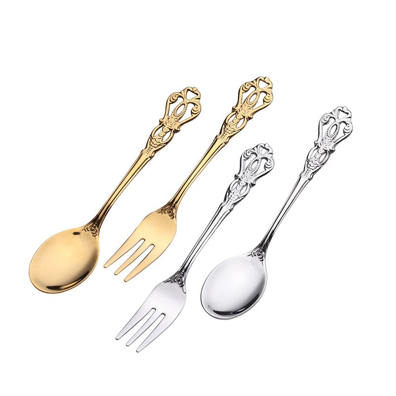 1 Pc European Royal Dessert Spoon Retro Hollow Cake Fruit Fork Embossed Craft Spoon Golden European Stainless Steel Coffee Spoon