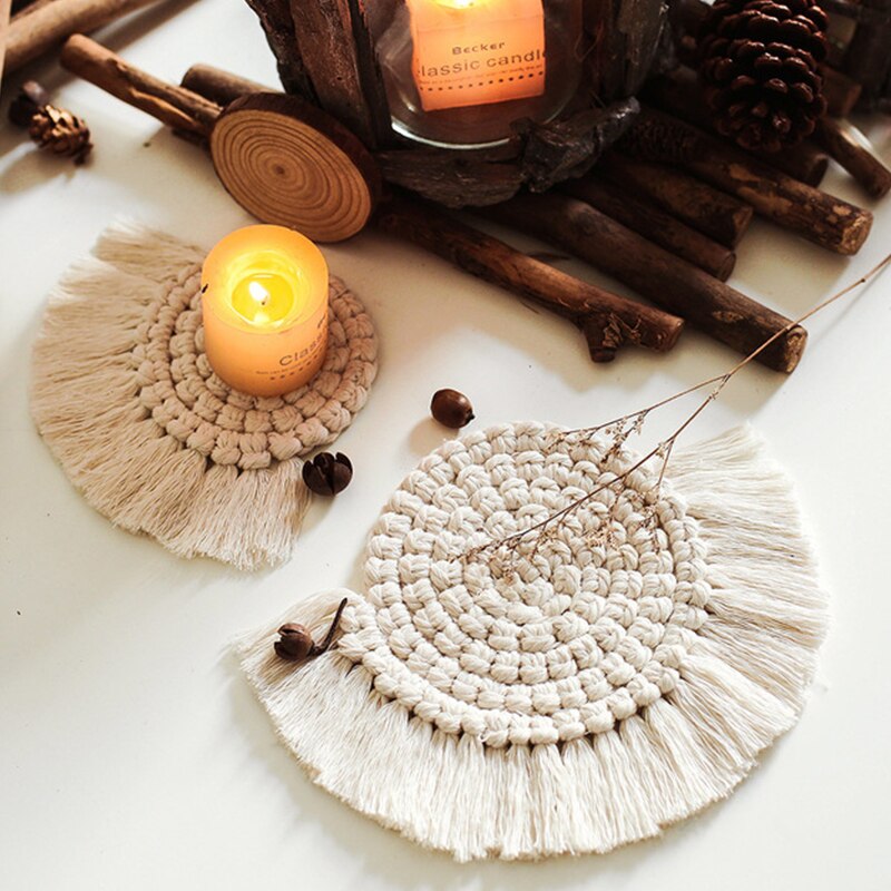 Gevlochten tafelmat, onderzetters, handgeweven wandtapijt, macramé, wanddecoratie, boho-decoratie, huisdecoratie voor kantoor, appartement, bar