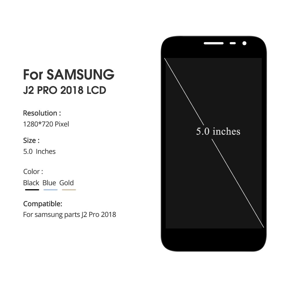 5.0 '' lcd-skærm til samsung galaxy  j2 pro  j2 pro  j250f j250 sm-j250 berøringsskærm digitizer-enhed med ramme hjem-knap