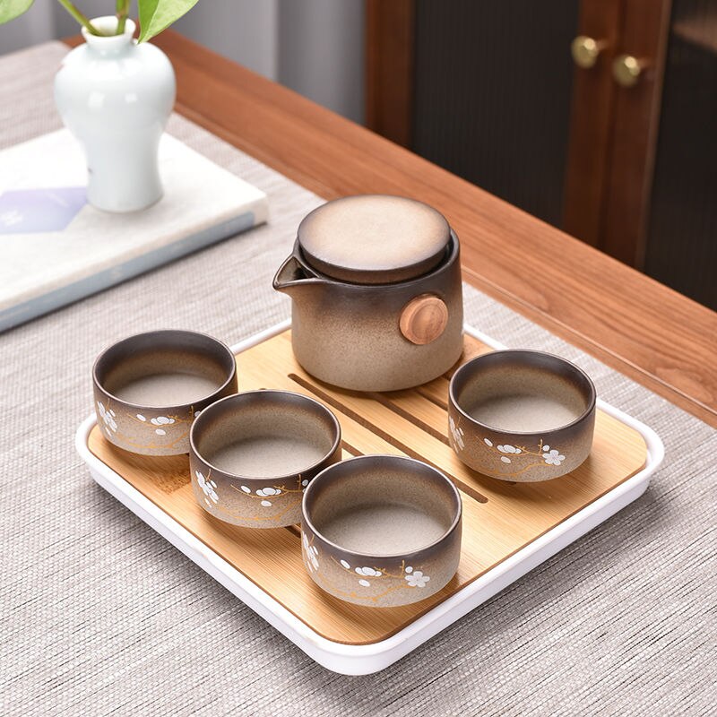 Japanese-style Cherry Blossom Kung Fu Tea Set Small Set One Pot Two Cups Four Cups Portable Travel Tea Set Tea Pot Tea Tray: 1pot 4cups 1 plate A