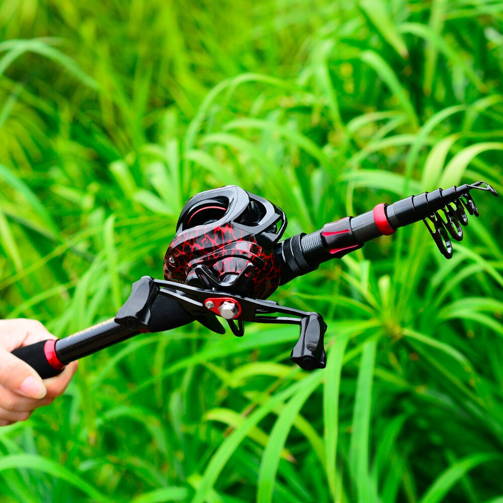 PROBEROS-Juego de caña y carrete de pesca 7,2: 1, carrete de Baitcasting de alta velocidad, 2,1 M, varilla telescópica de fibra de carbono, Kit de gancho de cebo de línea combinado