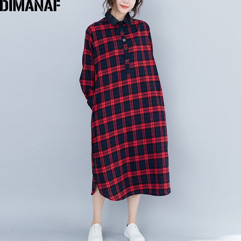 Dimanaf naisten mekot pitkähihaiset puuvilla vintage naisten vaatteet isot koot vestidos löysä printti ruudullinen naisten mekko syksy
