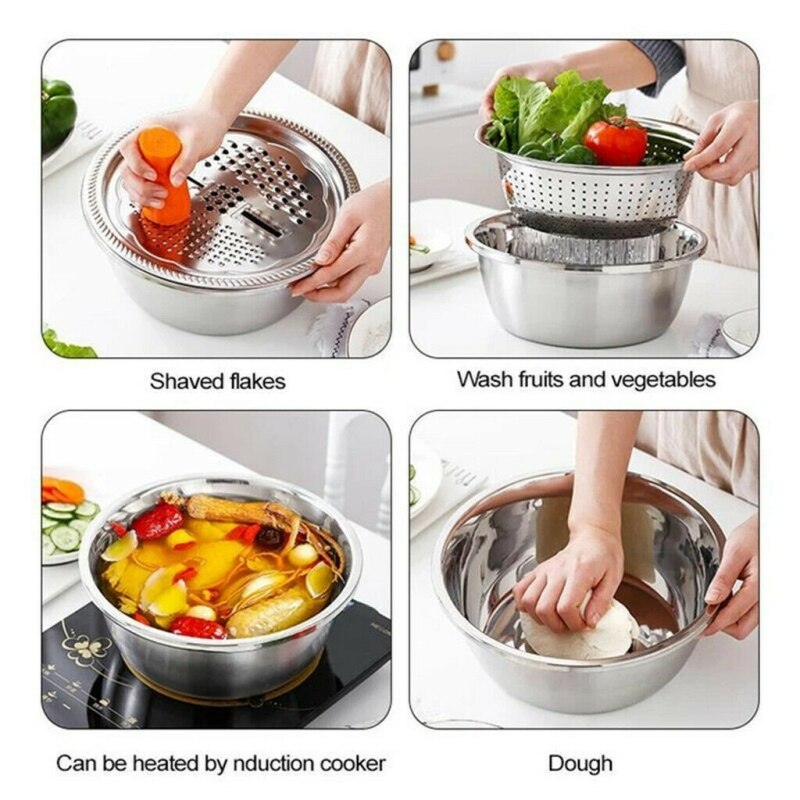 Neue 3 stücke Edelstahl Topf Gemüse Cutter Schneidemaschine Ablauf Korb Sieb Siebe Küche Reibe Sieb Reis Waschen Filter
