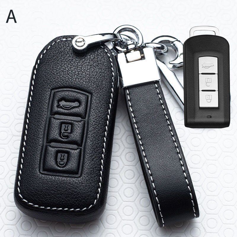 Leather Car Key Case Cover for Mitsubishi Outlander Lancer 10 Pajero Sport EX ASX RVR Colt Grandis L200 Smart 2 3 Button Case: A-black