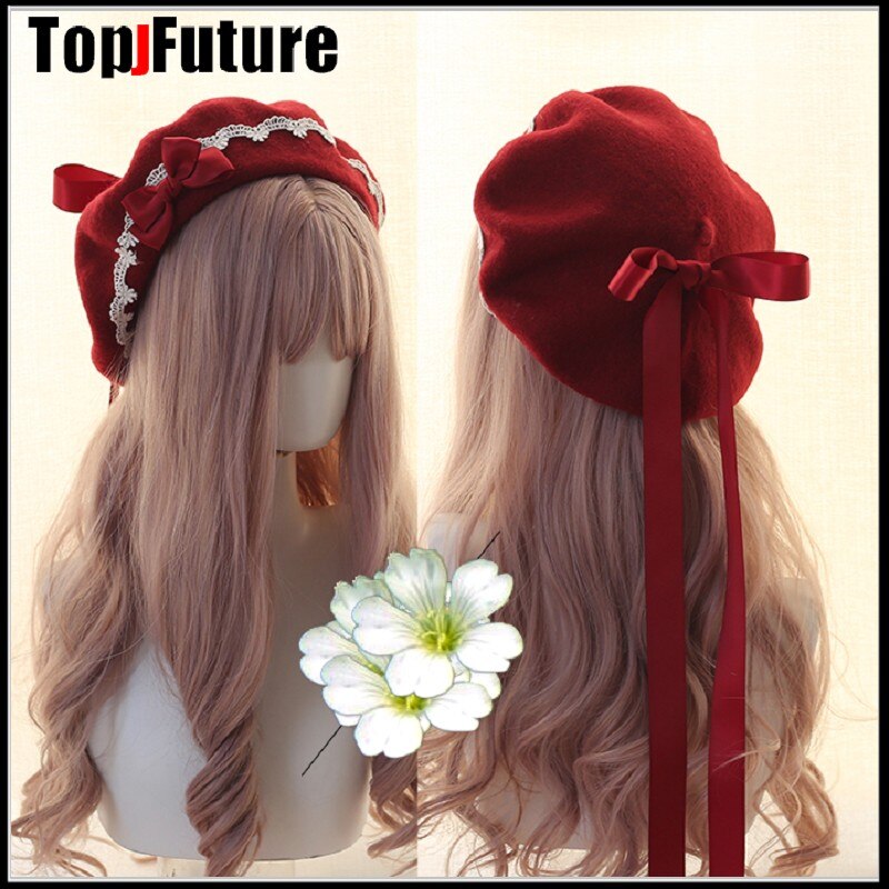 Japanse Meisje Kawaii Baret Hoed Lolita Tiener Hart Zoete Wollen Handgemaakte Leuke Lace Strik Warm Winter Schilder Hoed Hoofdtooi: red1
