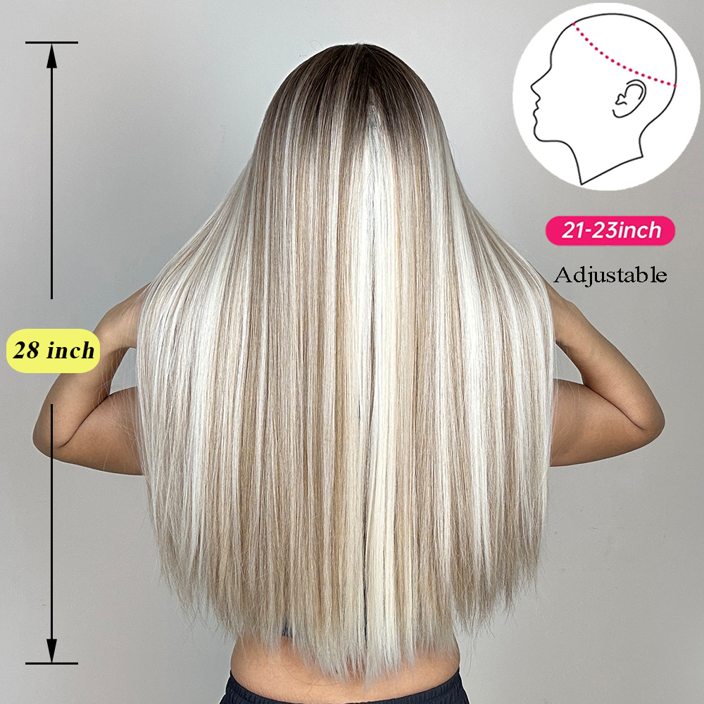 Easihair lång silverfärgad med blonda slingor syntetiska peruker för kvinnor rak med lugg naturlig peruk cosplay-hår värmebeständigt
