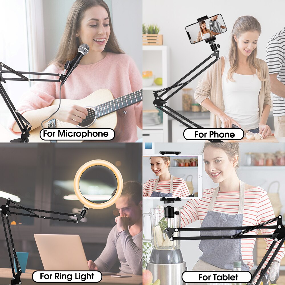 Mic Boom Desk Arm Stand with Phone Holder, Boom Suspension Stand Adapter Clip for Microphone Smartphone Tablet Ring Light