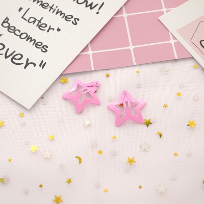 32mm Star Shape Metal Children Snap Hair Clips Barrettes Girls Cute Hair Bobby Pins Hair Accessories Kids Candy Color Hairpins: Pink