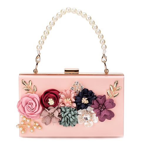 Women Luxury Evening Bags Wedding Party Pearl Flower Bride Handbag Crossbody Clear Hard Box Clutch Transparent Chain Bag: Pink with flowers