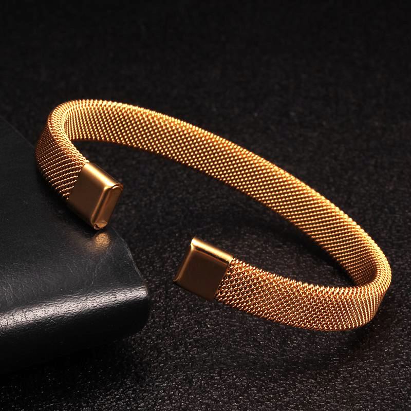 Nowa modna siatka ze stali nierdzewnej otwarty mankiet bransoletki dla mężczyzny kobiety biżuteria modny pozłacane sportowe bransoletki Pulsera
