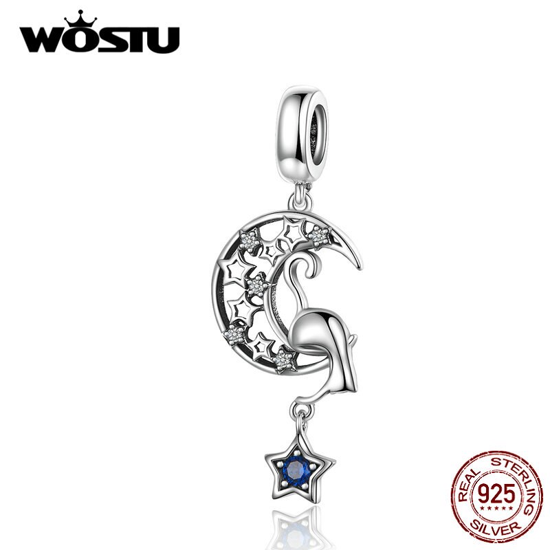 Wostu 925 prata esterlina lua &amp; estrelas balançar charme zircônia contas fazendo diy pulseira original para mulher jóias de prata