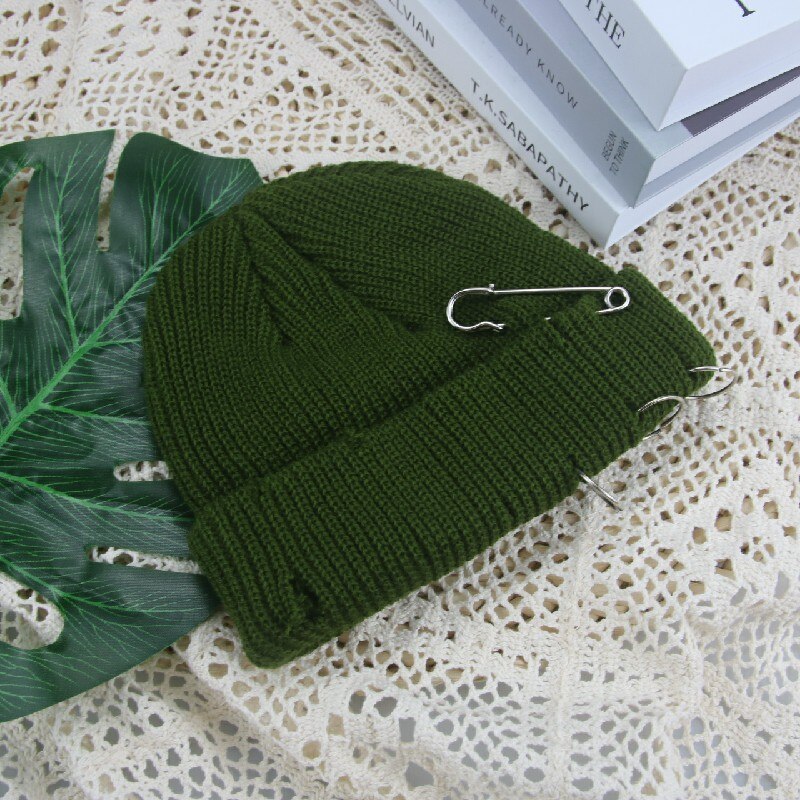 Hoeden Voor Vrouwen Mutsen Effen Broche Gat Skullies Vrouwen Hoeden Casual Party Unisex Straat Hiphop Winter Hoeden Sombrero de Mujer: army green