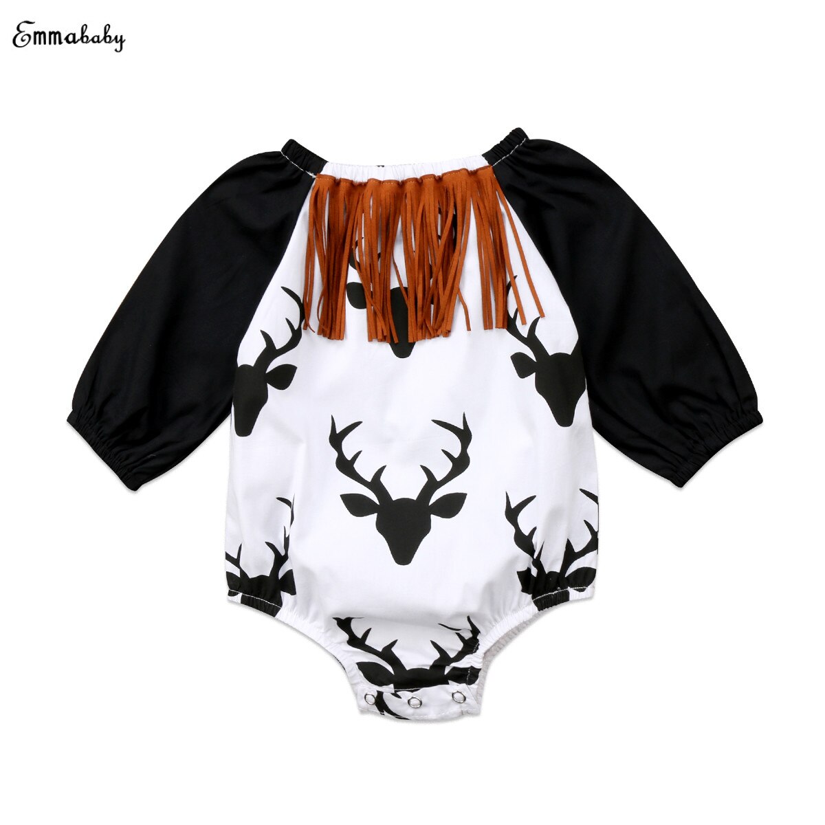 Emmababy XMAS Bodysuit Baby Kids Girls Boy Deer Printed Tassel Bodysuit Jumpsuit Long Sleeve Clothes