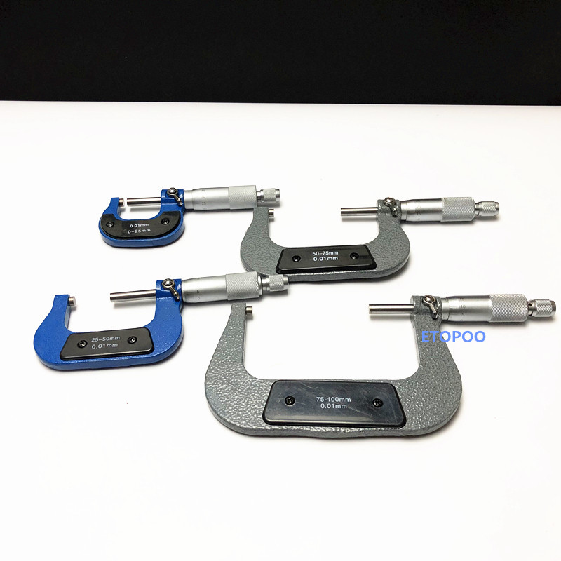 4Pcs/Set 0-100mm Outside Micrometers Measuring Tools Caliper Thickness Gauge 0-25mm 25-50mm, 50-75mm 75-100mm Micrometer Set