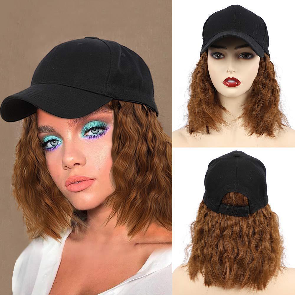 Pelucas de pelo ondulado rizado esponjoso sintético largo negro Difei con sombrero gorra de béisbol conectar naturalmente peluca de sombrero ajustable para mujeres: Marfíl