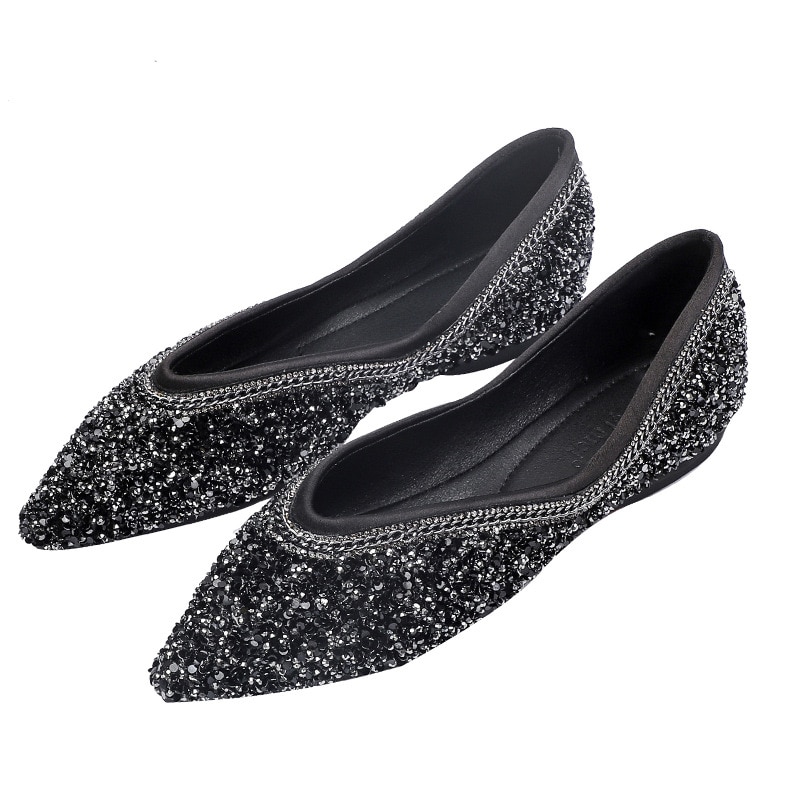 Rhinestone Bling Shoes Women Flats Pointed toe Ladies Casual Shoes Slip on Comfortable Woman Boat Shoes Big Size A1655: Black / 5.5