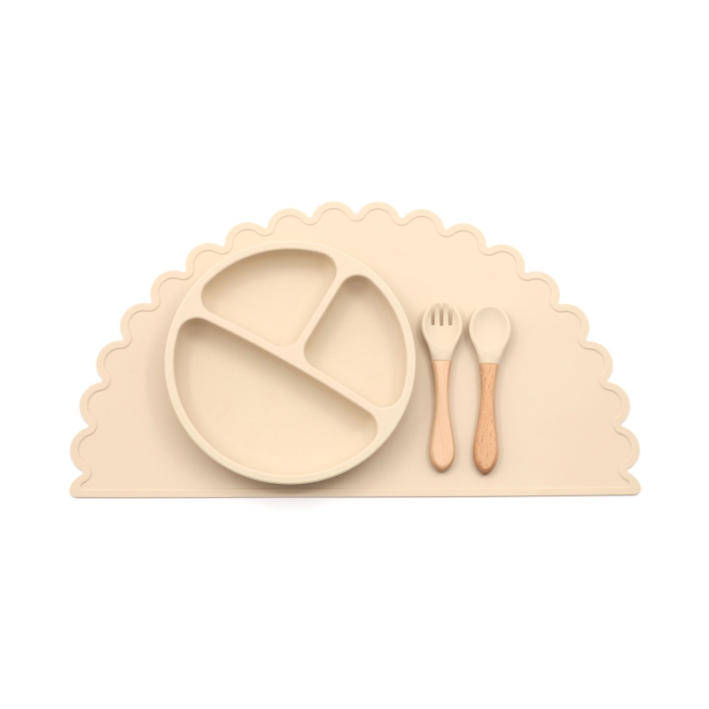 4 Stuks Baby Siliconen Verdeeld Diner Plaat Lepel Vork Placemat Set Training Feeding Gebruiksvoorwerp Gerechten Servies Kit: beige