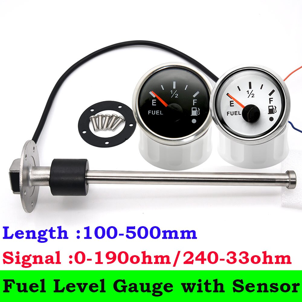 52mm Fuel Level Gauge + Fuel Level Sensor 100mm 150mm 200mm 300mm 0-190/240-33 ohm Sensors Fuel Sender Unit For Car Boat 12V/24V