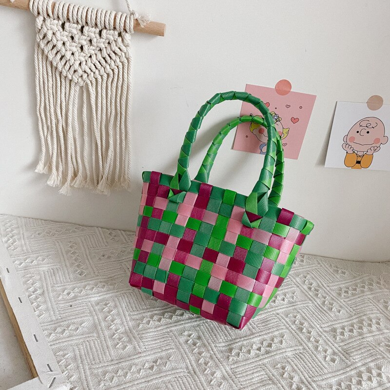 Summer Kids Straw Hand Bag Tote Woven Baby Girl Beach Handbag Toddler Boy Rattan Small Wallet Bag: Green