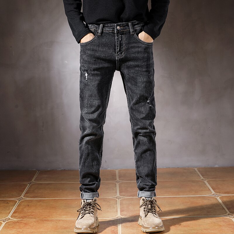 Jeans preto rasgado para homens hip hop estiramento fino em linha reta casual moda streetwear distressd homem calças jeans destruído outono
