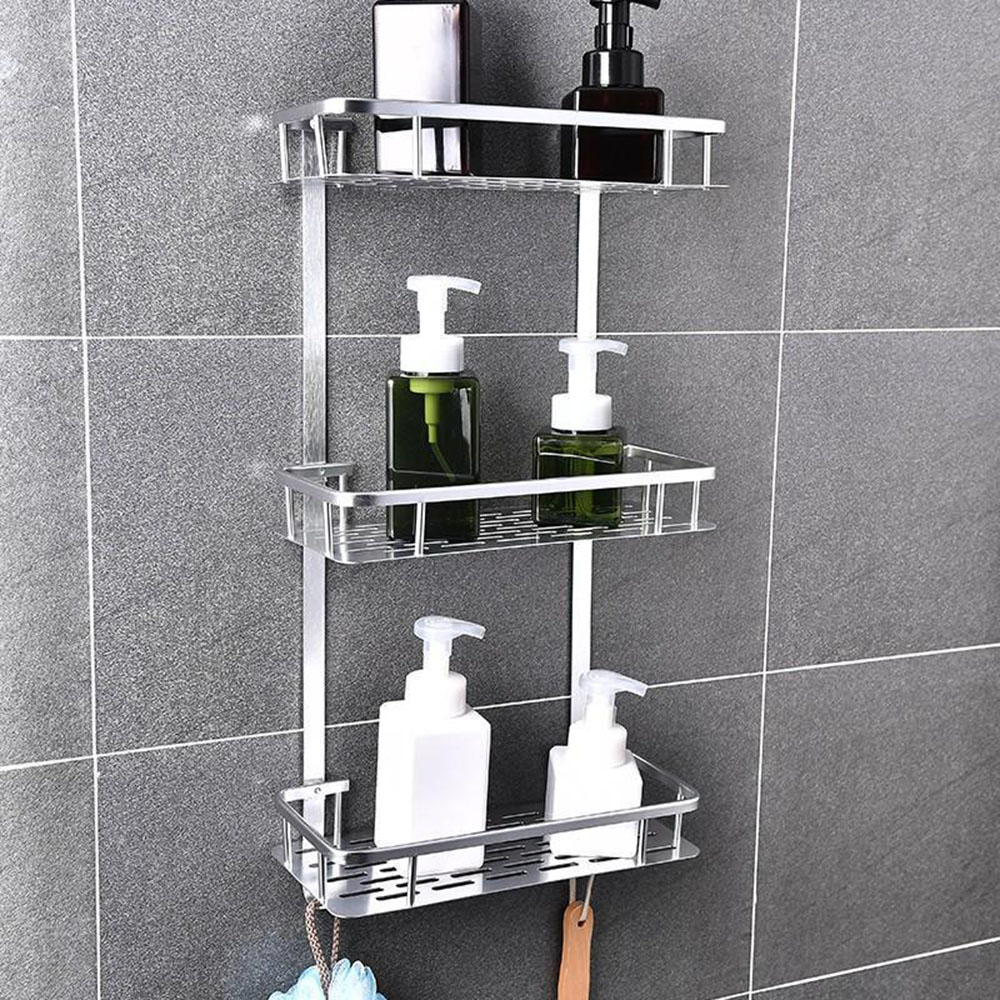 Estantes cuadrados para baño, cesta de ducha de aluminio plateado, soporte para champú de 1-3 capas, colgador de pared, estante de almacenamiento, accesorios organizadores