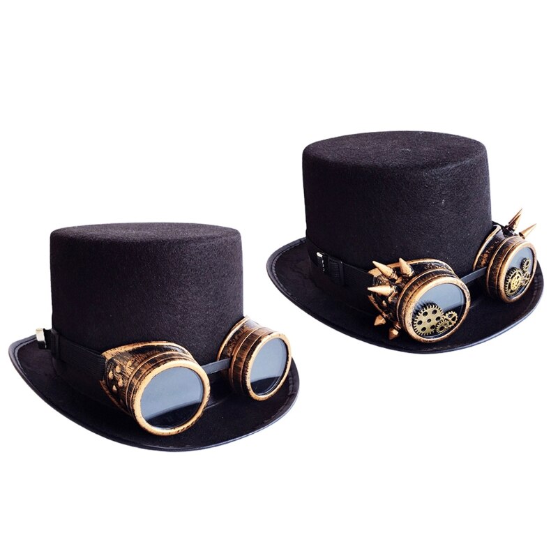 Vintage svart steampunk hatt utrustning glasögon punk hatt gotisk huvudbonad festdekoration hatt halloween tillbehör