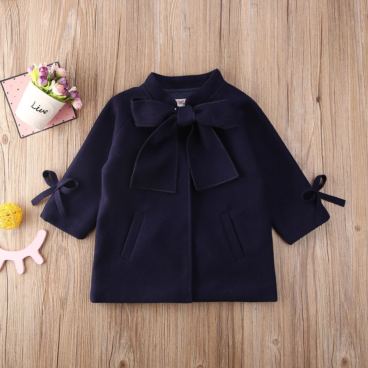 Pudcoco kinder marineblauwe jas met lange mouwen herfst en winter warme wollen jassen met zakken babymeisjes 2-7 jaar