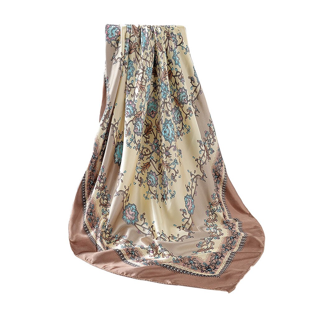 Silk Scarf Women Printing Square Scarf Soft Satin Shawl Female Retro Neck Scarves Kerchief 90X90CM Headscarf: Khaki