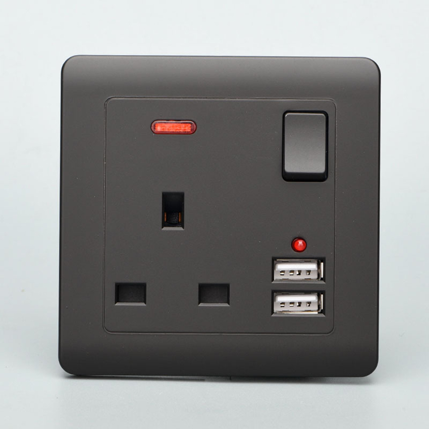 Wall Socket UK Plug 2 USB Charger Port Outlets Plate multifunctional 13A Electrical Single Switch Black