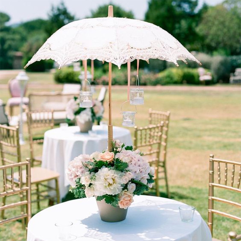 Paraguas con mango de madera y encaje calado, accesorios de fotografía para novia, decoración de escenario de boda