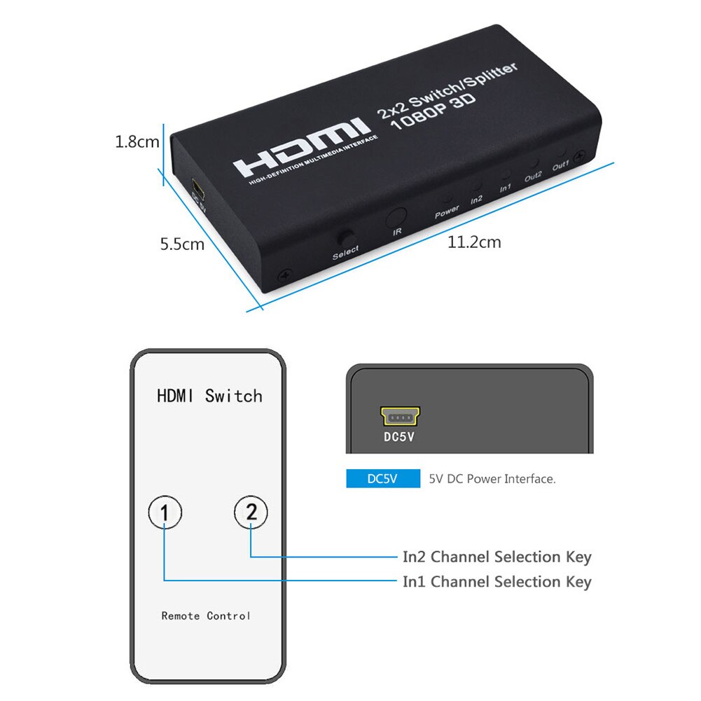 2X2 Hdmi-Compatibel 1.3b Switch Splitter Ondersteuning 1080P 3D Met Afstandsbediening Led Indicator