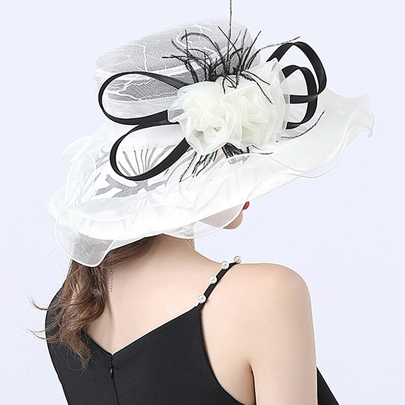 Women Summer Church Hat Organza Wide Brim Sun Hat Ladeis Fascinator Hat for Kentucky Derby Wedding Bridal Hat Dress Party Hat