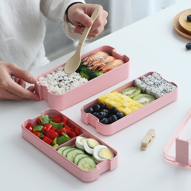 Wheat Straw 3 Layer Lunch Box Microwavable Heating Bento Box for School Children's Snack Fruit Salad Portable Food Containers