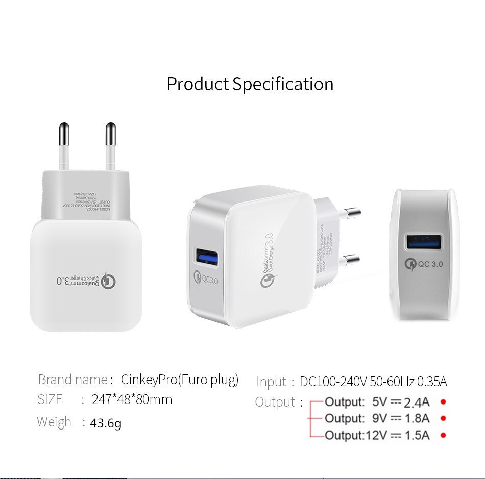 Quick Charge 3.0 USB Wall Charger For Samsung Galaxy S8 / S8+ / Note8, LG G6 / V30, HTC 10, iPhone Xs/XS Max/XR Fast Charing