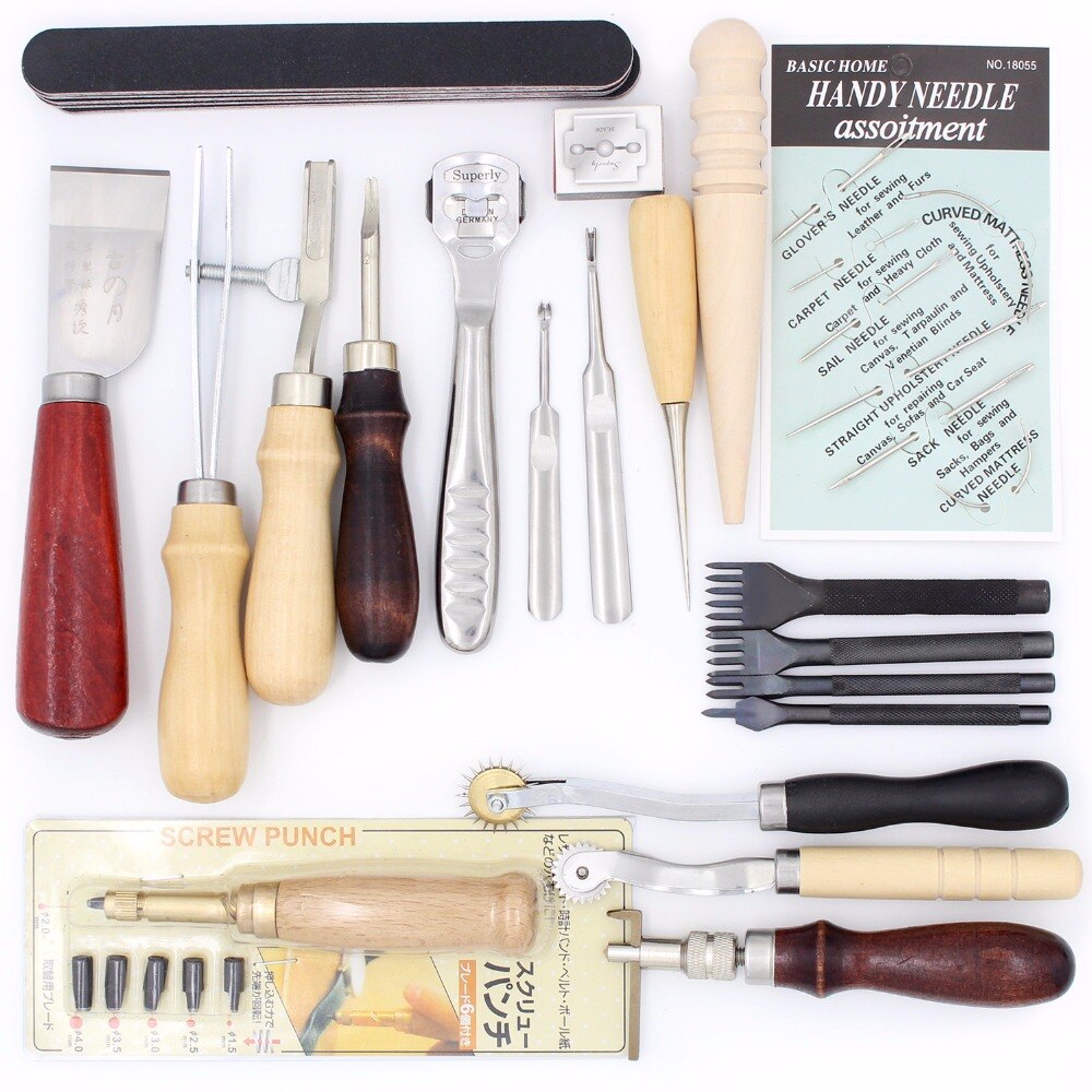 Leder Werkzeug einstellen Carving Stanzen See Schneiden Messer Manuelle Naht Nadel Gas Augen Polieren Peeling Rand Prozess für Leder Gürtel