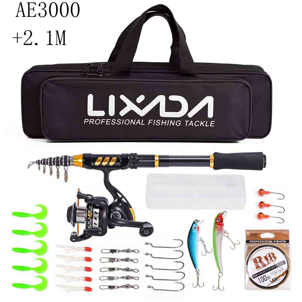 Lixada-Combo de caña de pescar telescópica y carrete, Kit completo de engranaje giratorio de carrete de pesca, juego de polos organizador con señuelos de línea de pesca de 100M: B210M