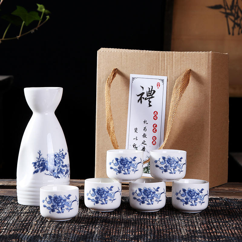 Japanese Sake Set, 6 Pieces Sake Set Hand Painted Porcelain Pottery Traditional Ceramic Cups Crafts Wine Glasses Box: Blue