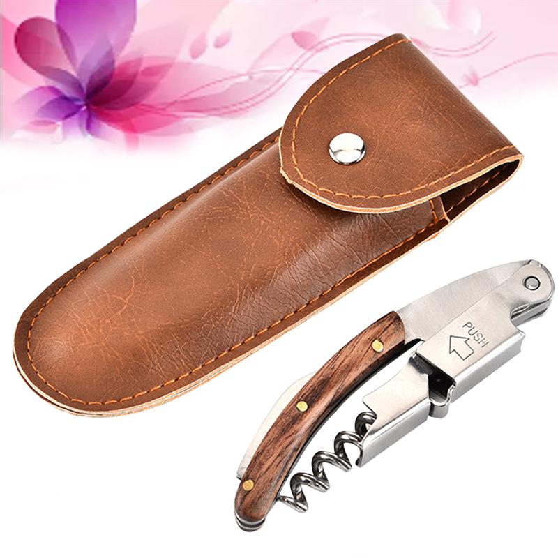 Bottle OpenerAll-in-one Stainless Steel Corkscrew with Wood Handle and Leather Case