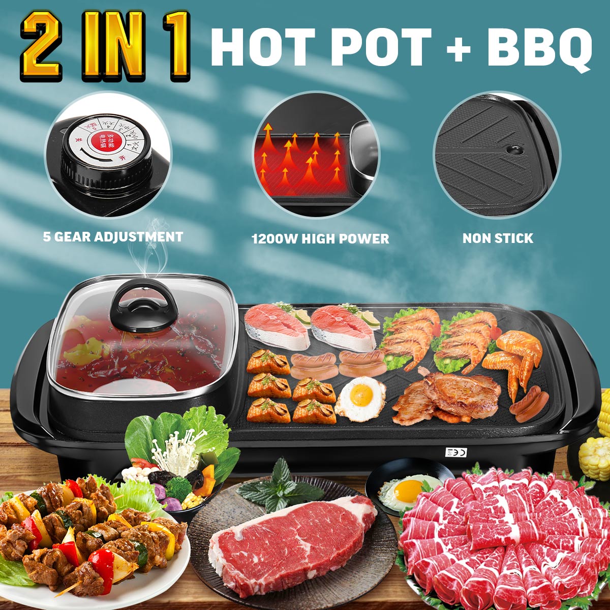 2 in 1 220V Electric Pot Oven Smokeless Barbecue Machine Home BBQ Grills Indoor Roast Meat Dish Plate Multi Cooker 1200W