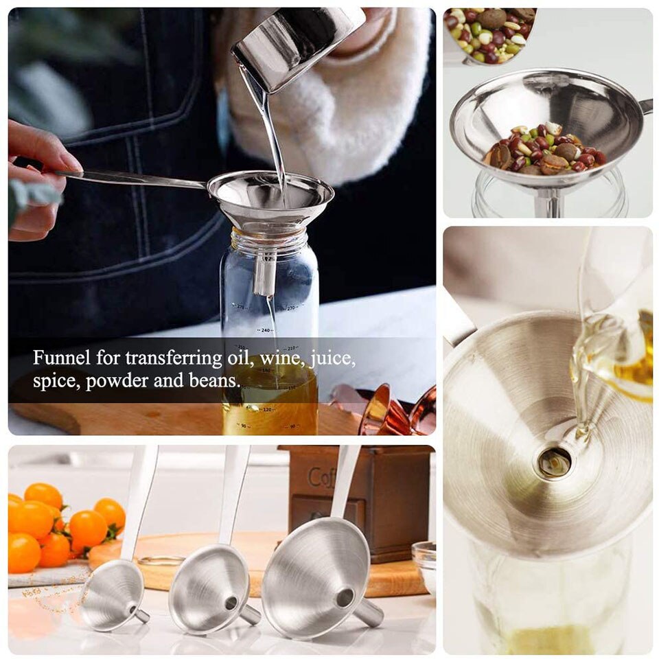 Embudos de Metal para botellas de llenado, conjunto de embudo de cocina de acero inoxidable para transferencia de aceites líquidos, especias, ingredientes secos
