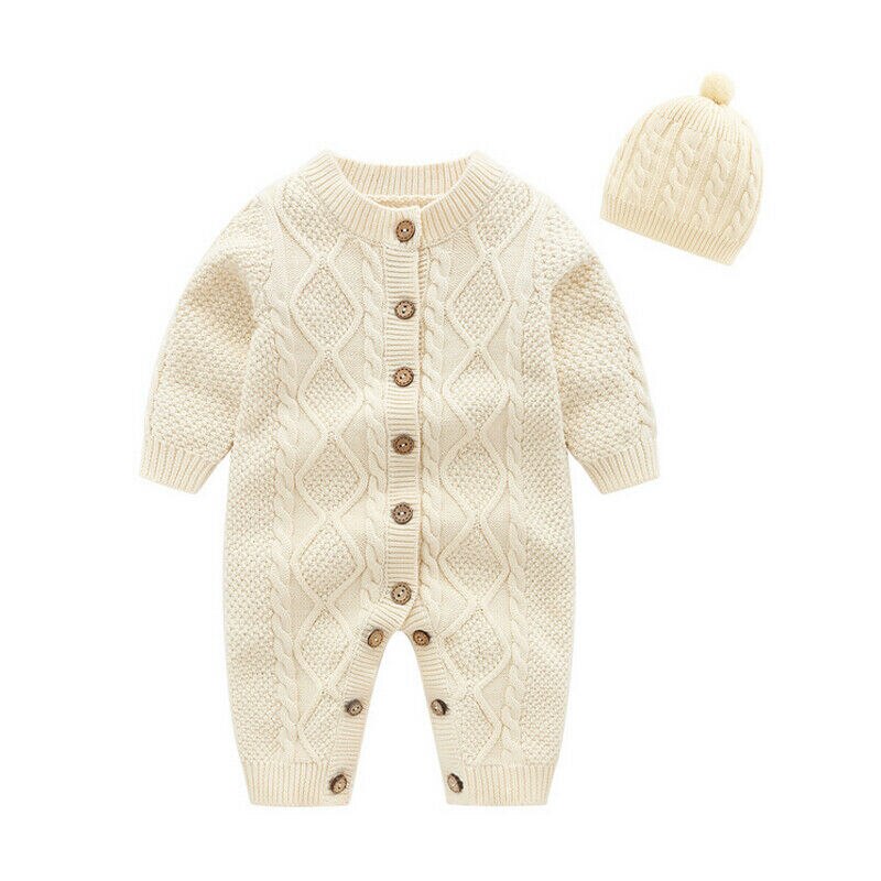 Nyfødt baby pige dreng sæt strikket knap romper jumpsuit hat 2 stk efterår vinter varmt tøj baby solide tøj 0-18m: Hvid / 6m